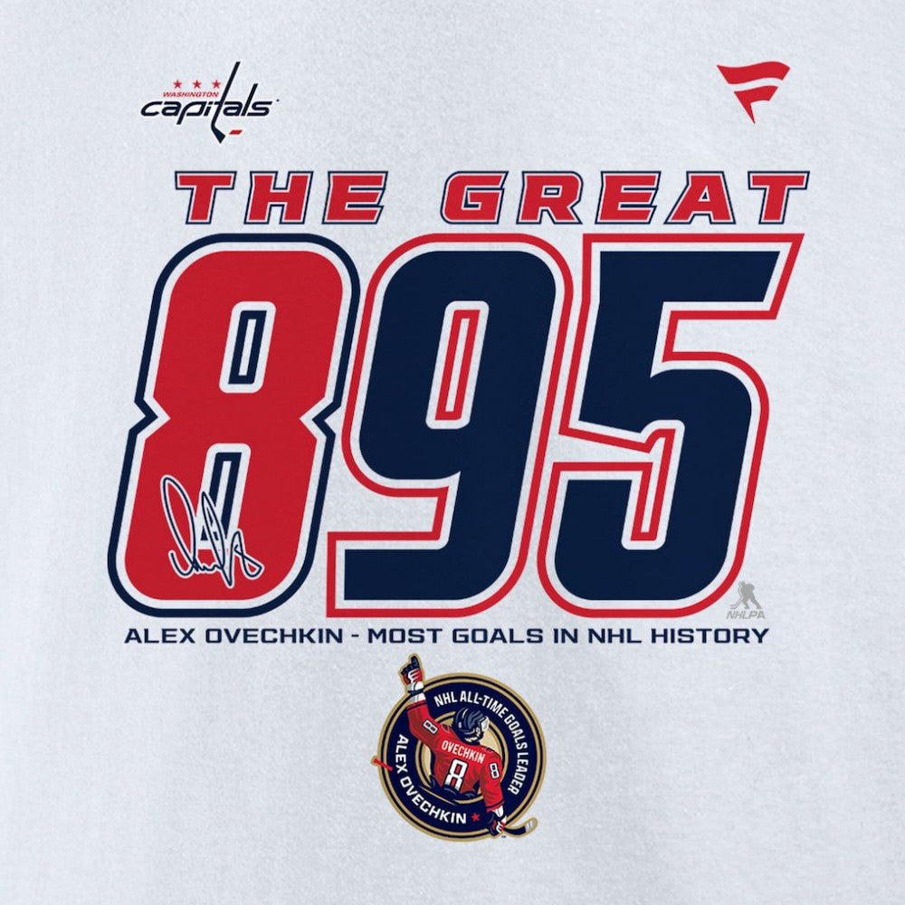NHL White Alexander Ovechkin Washington Capitals Fanatics NHL All-Time Leading Goal Scorer The Great 895 Fleece Pullover Sweatshirt