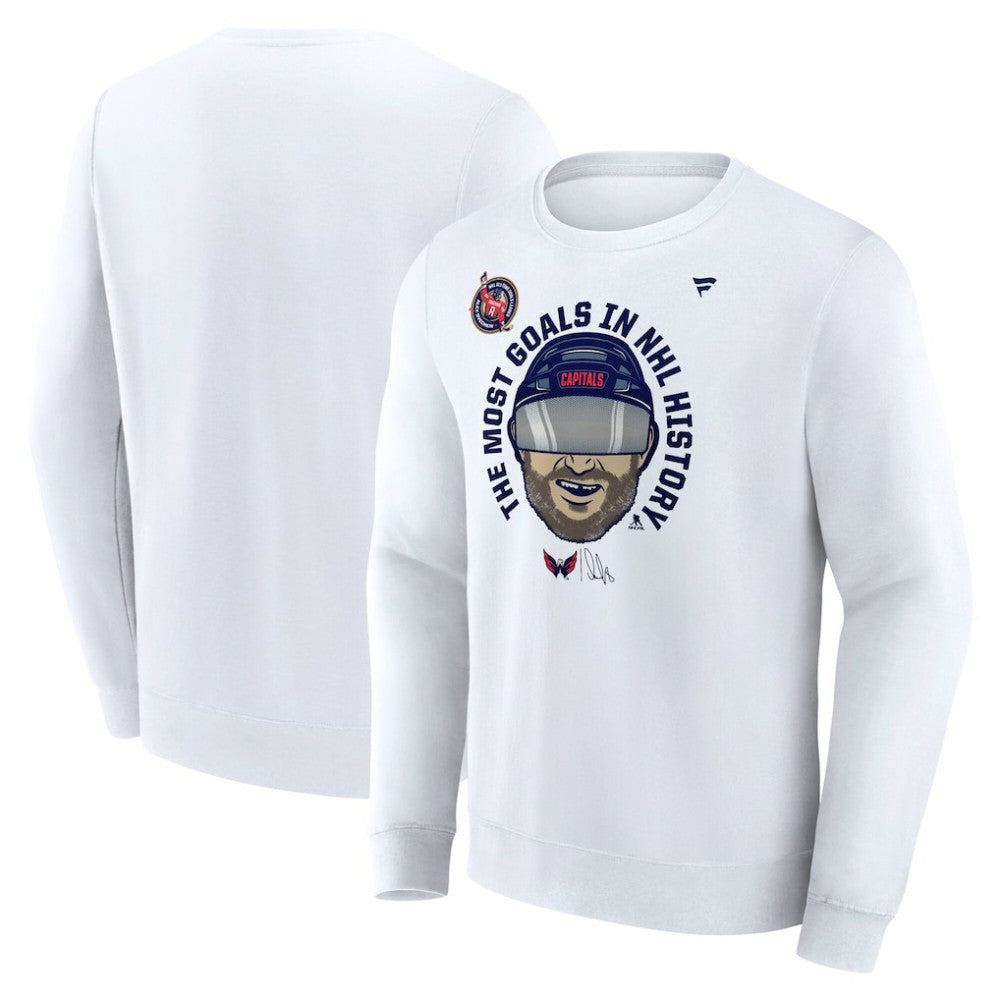 NHL White Alexander Ovechkin Washington Capitals Fanatics NHL All-Time Leading Goal Scorer GR8 Caricature Fleece Pullover Sweatshirt