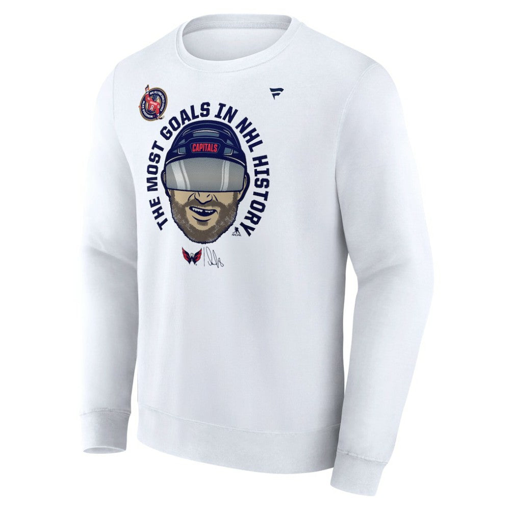 NHL White Alexander Ovechkin Washington Capitals Fanatics NHL All-Time Leading Goal Scorer GR8 Caricature Fleece Pullover Sweatshirt