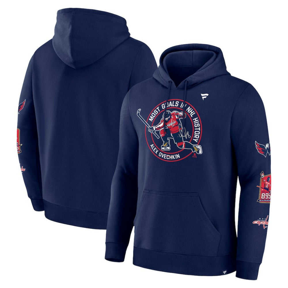 NHL Athletic Navy Alexander Ovechkin Washington Capitals Fanatics NHL All-Time Leading Goal Scorer Badges Pullover Hoodie