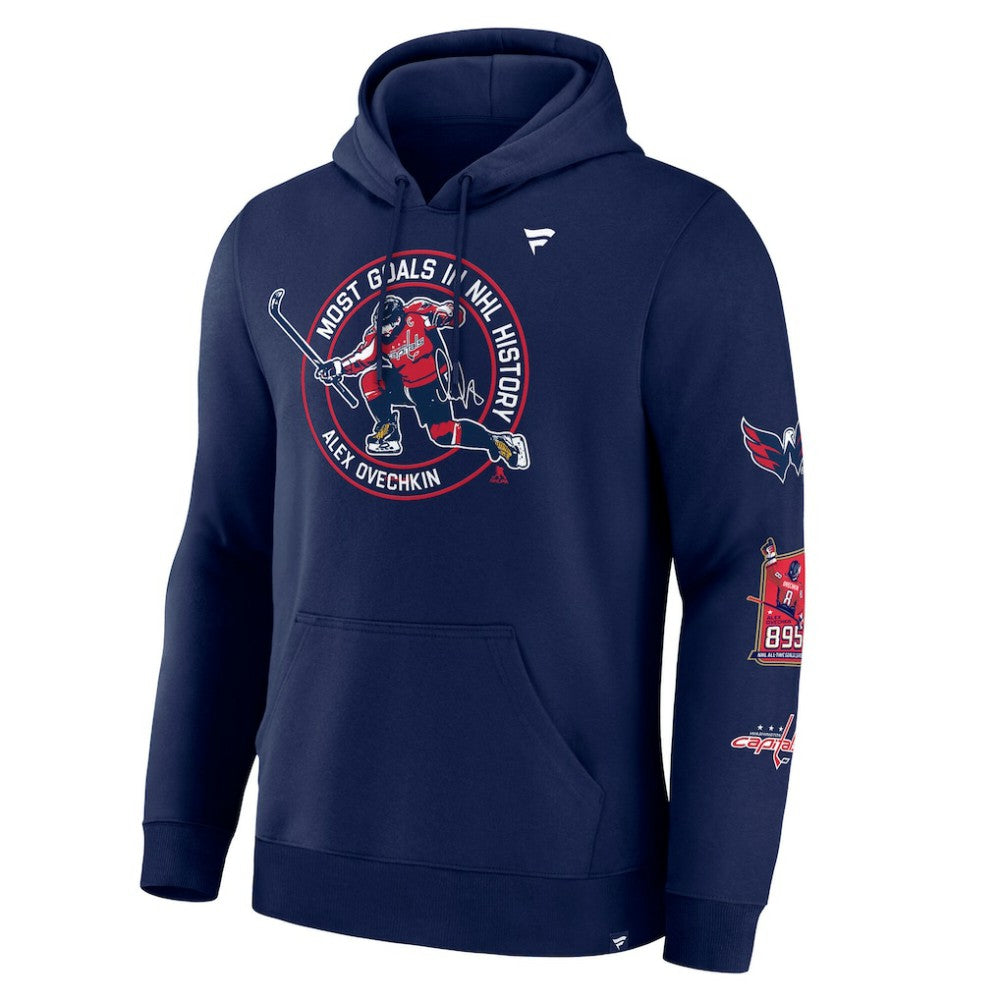 NHL Athletic Navy Alexander Ovechkin Washington Capitals Fanatics NHL All-Time Leading Goal Scorer Badges Pullover Hoodie