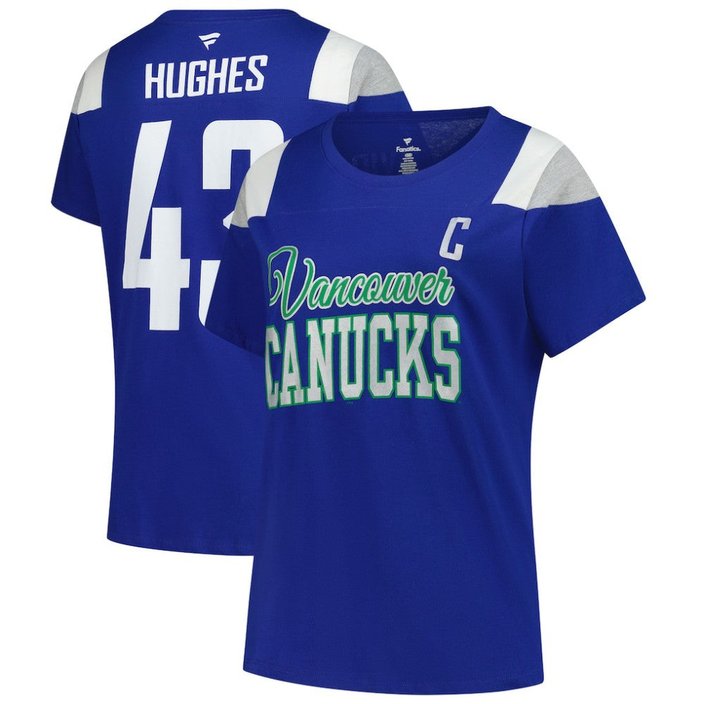 NHL Royal Quinn Hughes Vancouver Canucks Fanatics Women's Plus Size Name & Number Scoop Neck T-Shirt