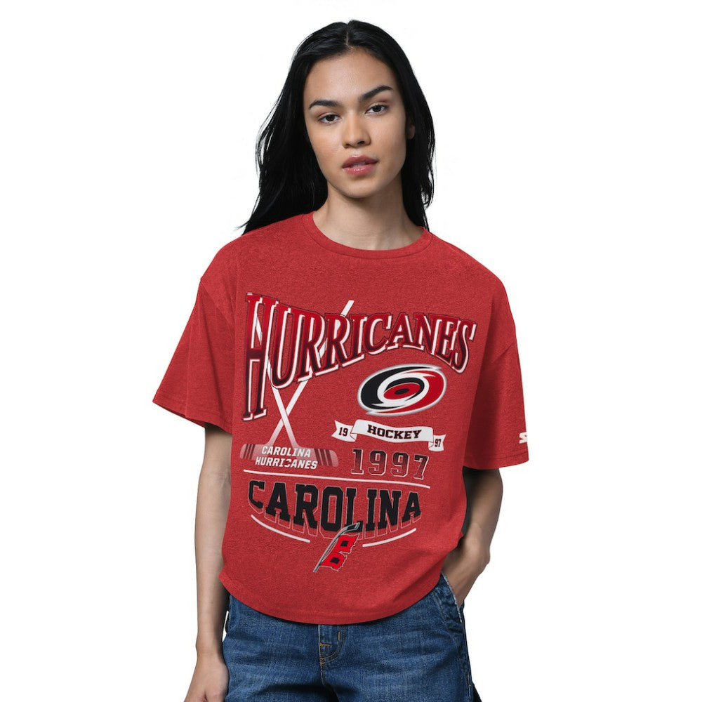 NHL Heather Red Carolina Hurricanes Starter Women's Oversized Hall of Fame T-Shirt