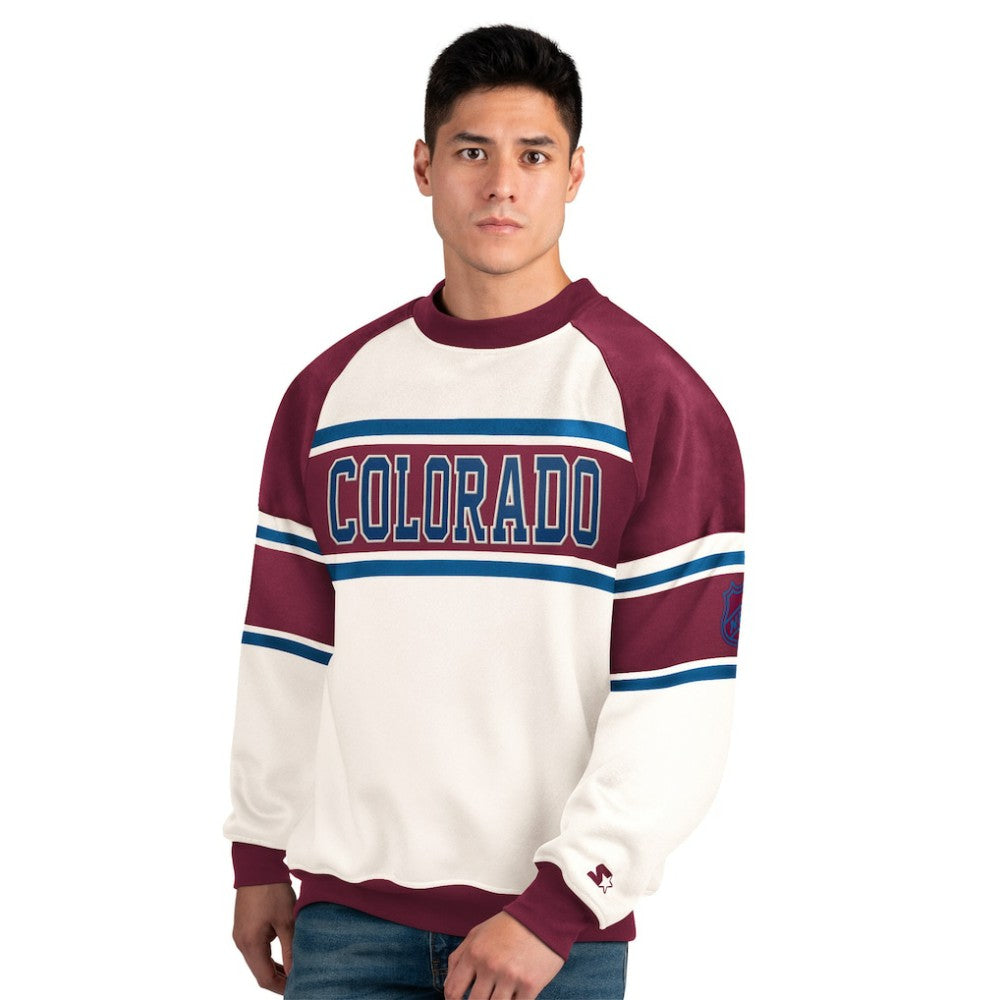 NHL White Colorado Avalanche Starter Male Adult Defense Fleece Crewneck Sweatshirt