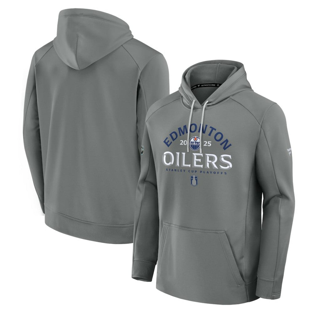 NHL Gray Edmonton Oilers Fanatics 2025 Stanley Cup Playoffs Authentic Pro Rink Fly Fleece Pullover Hoodie