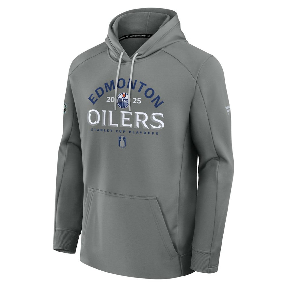NHL Gray Edmonton Oilers Fanatics 2025 Stanley Cup Playoffs Authentic Pro Rink Fly Fleece Pullover Hoodie