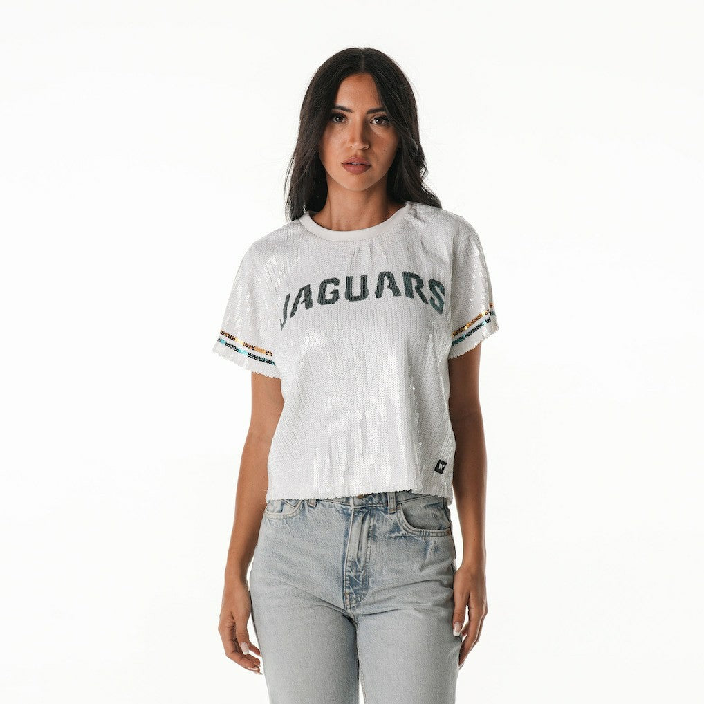 The Wild Collective Women's Rhinestone Sequin Cropped T-Shirt - Jacksonville Jaguars