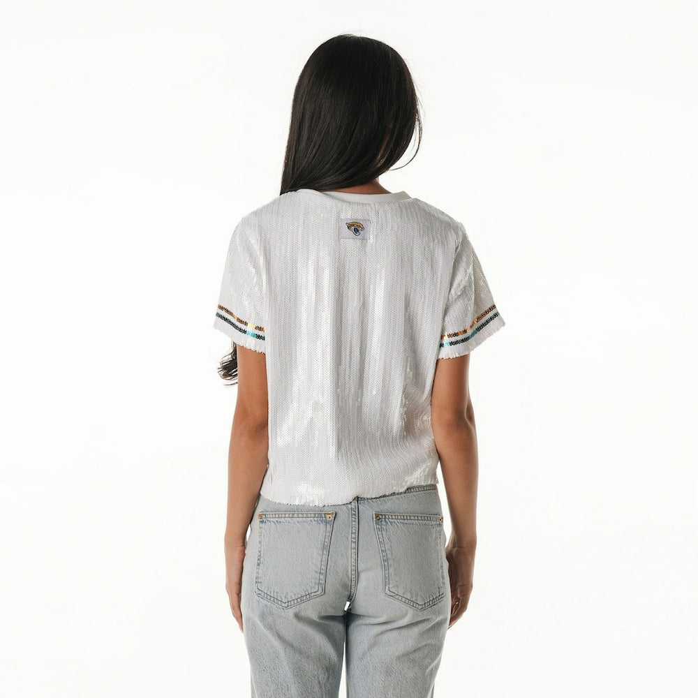 The Wild Collective Women's Rhinestone Sequin Cropped T-Shirt - Jacksonville Jaguars