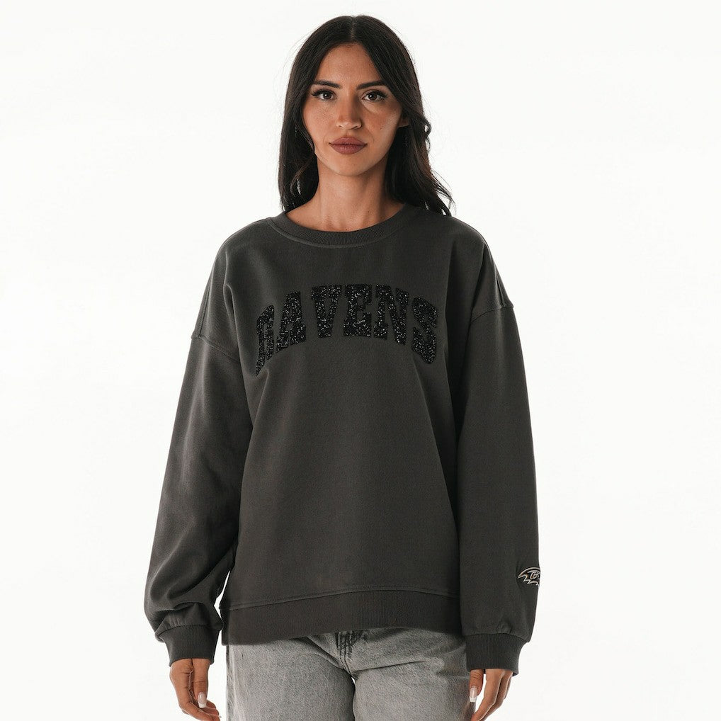 The Wild Collective Women's Rock Crystal Oversized Crewneck Sweatshirt - Baltimore Ravens