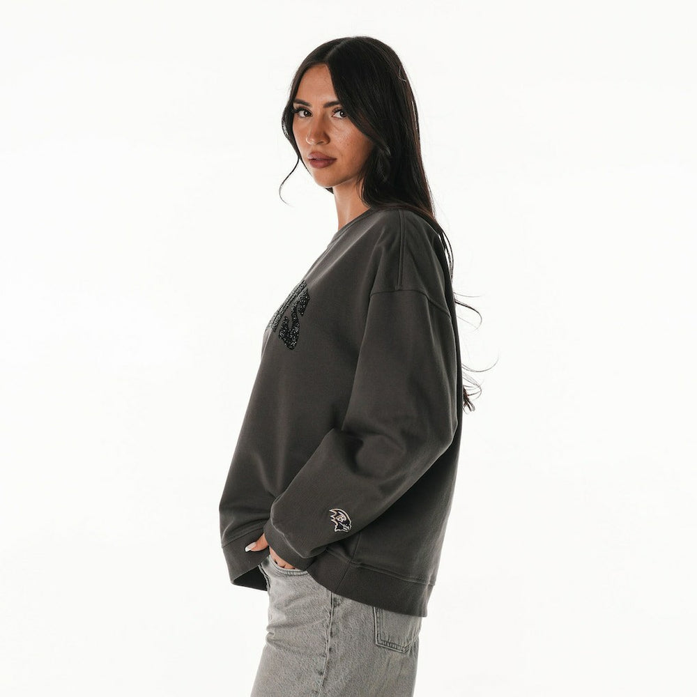 The Wild Collective Women's Rock Crystal Oversized Crewneck Sweatshirt - Baltimore Ravens