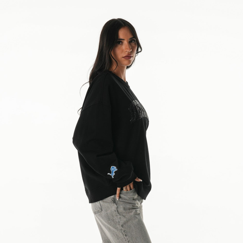 The Wild Collective Women's Rock Crystal Oversized Crewneck Sweatshirt - Detroit Lions
