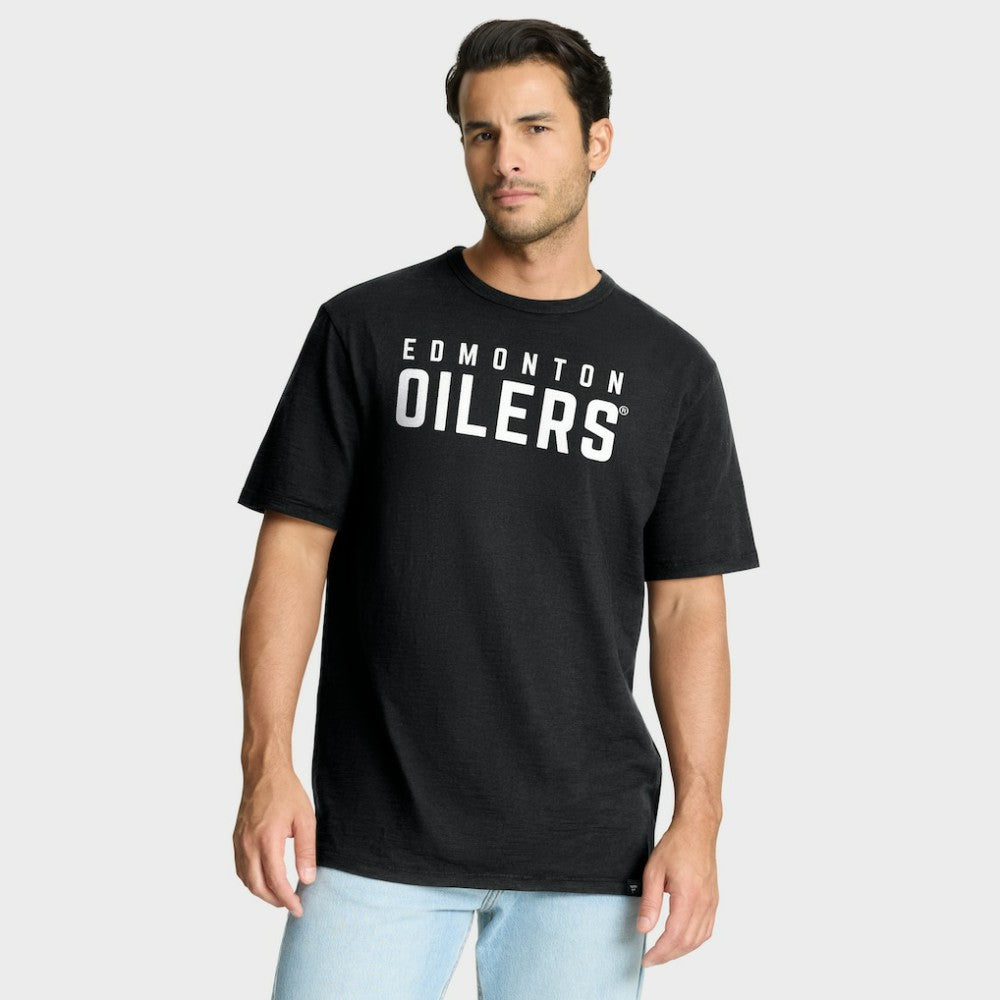 NHL Black Edmonton Oilers Fanatics Play Distressed Wordmark Stadium Slub T-Shirt