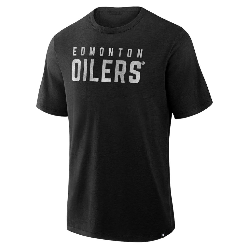 NHL Black Edmonton Oilers Fanatics Play Distressed Wordmark Stadium Slub T-Shirt