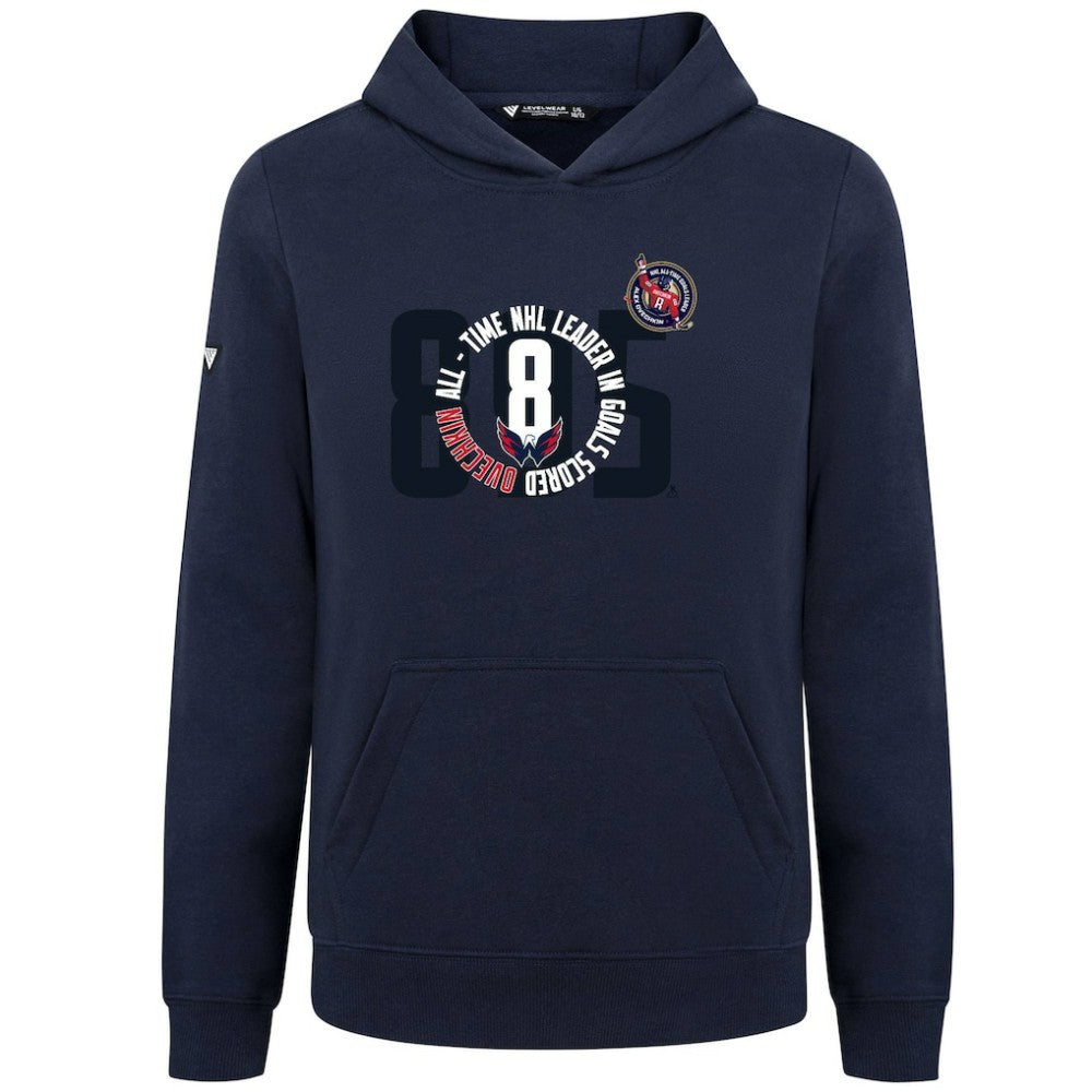 NHL Navy Alexander Ovechkin Washington Capitals Levelwear Youth NHL All-Time Leading Goal Scorer Milestone Name & Number Podium Pullover Hoodie