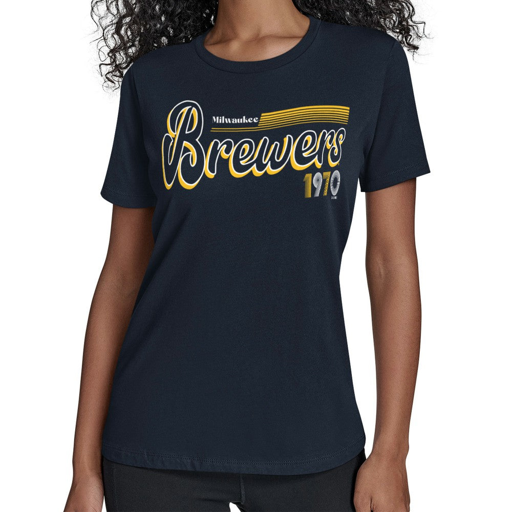 MLB Milwaukee Brewers Starter Women's Groovy Script Team Fitted T-Shirt