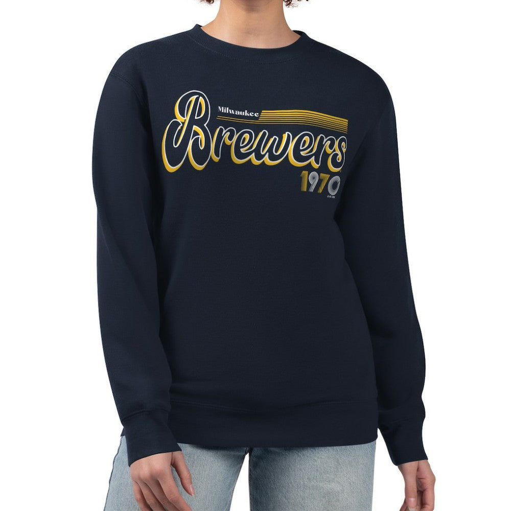 MLB Milwaukee Brewers Starter Women's Groovy Script Team Fleece Pullover Sweatshirt