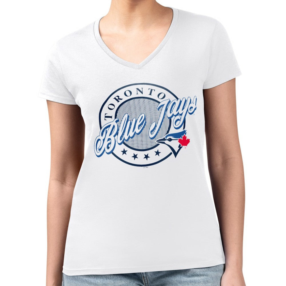 MLB Toronto Blue Jays G-III 4Her by Carl Banks Women's Super-Slim Fit Lightweight Pinstripe Circle V-Neck T-Shirt