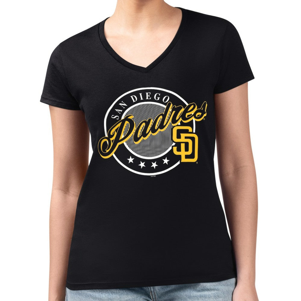 MLB San Diego Padres G-III 4Her by Carl Banks Women's Super-Slim Fit Lightweight Pinstripe Circle V-Neck T-Shirt