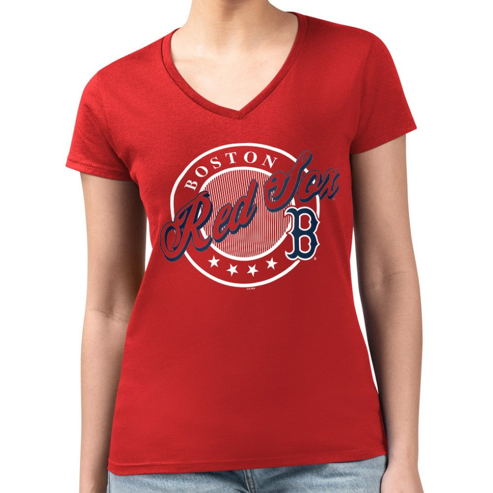 MLB Boston Red Sox G-III 4Her by Carl Banks Women's Super-Slim Fit Lightweight Pinstripe Circle V-Neck T-Shirt