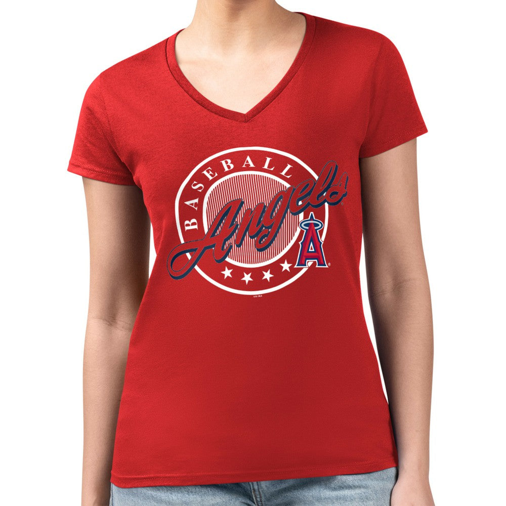 MLB Los Angeles Angels G-III 4Her by Carl Banks Women's Super-Slim Fit Lightweight Pinstripe Circle V-Neck T-Shirt