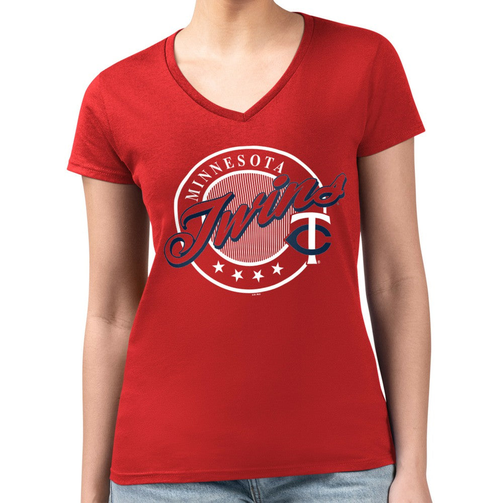 MLB Minnesota Twins G-III 4Her by Carl Banks Women's Super-Slim Fit Lightweight Pinstripe Circle V-Neck T-Shirt