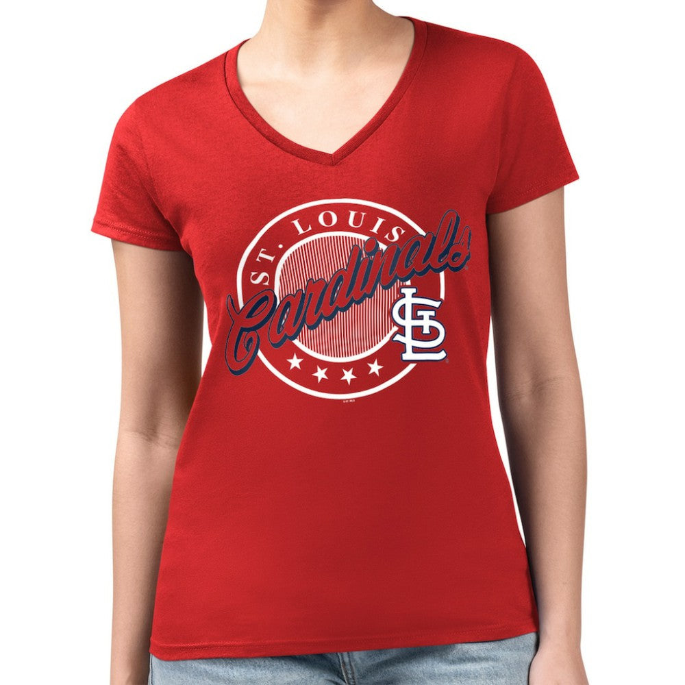 MLB St. Louis Cardinals G-III 4Her by Carl Banks Women's Super-Slim Fit Lightweight Pinstripe Circle V-Neck T-Shirt