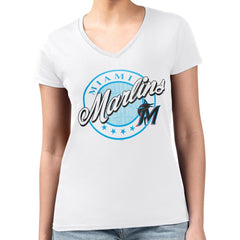 MLB Miami Marlins G-III 4Her by Carl Banks Women's Super-Slim Fit Lightweight Pinstripe Circle V-Neck T-Shirt