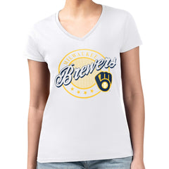 MLB Milwaukee Brewers G-III 4Her by Carl Banks Women's Super-Slim Fit Lightweight Pinstripe Circle V-Neck T-Shirt