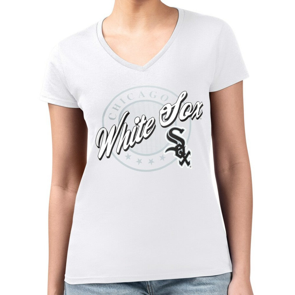 MLB Chicago White Sox G-III 4Her by Carl Banks Women's Super-Slim Fit Lightweight Pinstripe Circle V-Neck T-Shirt
