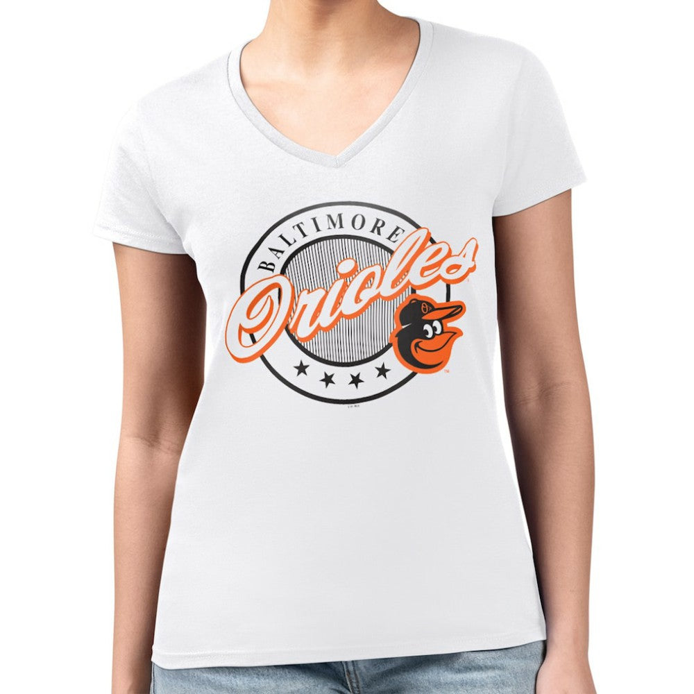 MLB Baltimore Orioles G-III 4Her by Carl Banks Women's Super-Slim Fit Lightweight Pinstripe Circle V-Neck T-Shirt