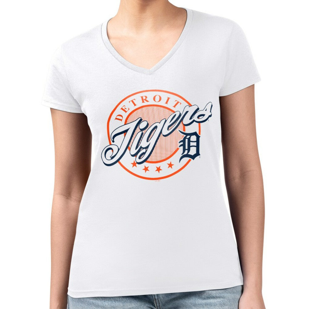 MLB Detroit Tigers G-III 4Her by Carl Banks Women's Super-Slim Fit Lightweight Pinstripe Circle V-Neck T-Shirt
