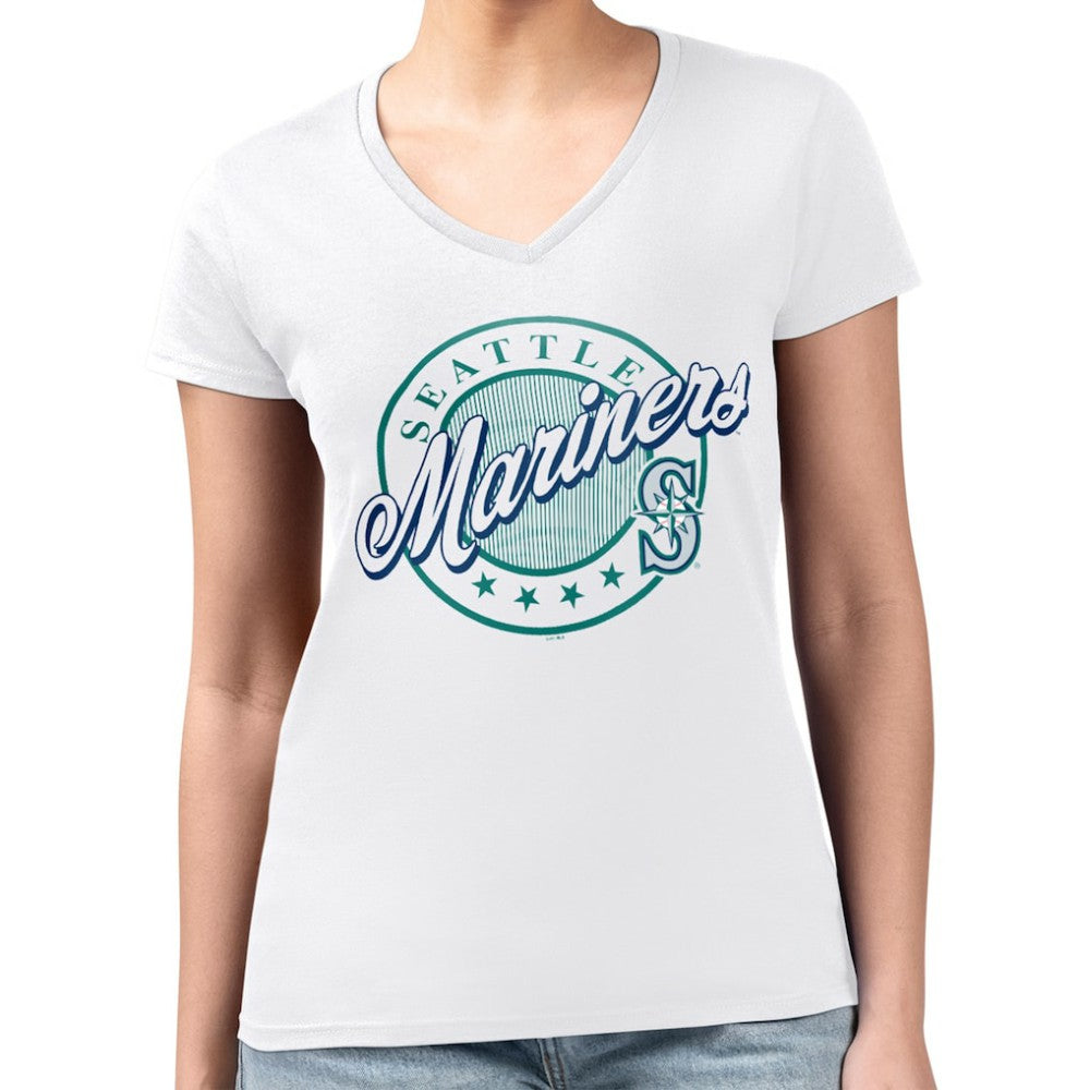 MLB Seattle Mariners G-III 4Her by Carl Banks Women's Super-Slim Fit Lightweight Pinstripe Circle V-Neck T-Shirt