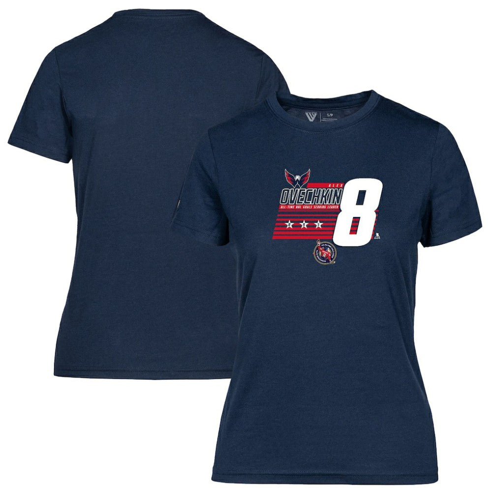 NHL Navy Alexander Ovechkin Washington Capitals Levelwear Women's NHL All-Time Leading Goal Scorer Milestone Stripes Name & Number Maddox T-Shirt