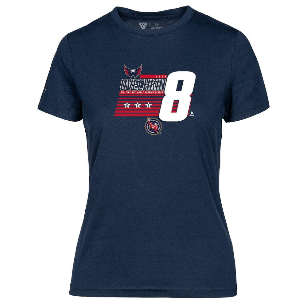 NHL Navy Alexander Ovechkin Washington Capitals Levelwear Women's NHL All-Time Leading Goal Scorer Milestone Stripes Name & Number Maddox T-Shirt