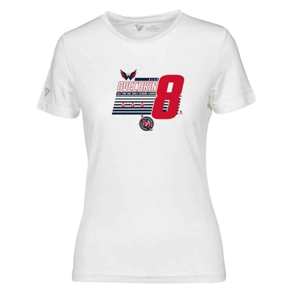 NHL White Alexander Ovechkin Washington Capitals Levelwear Women's NHL All-Time Leading Goal Scorer Milestone Stripes Name & Number Maddox T-Shirt