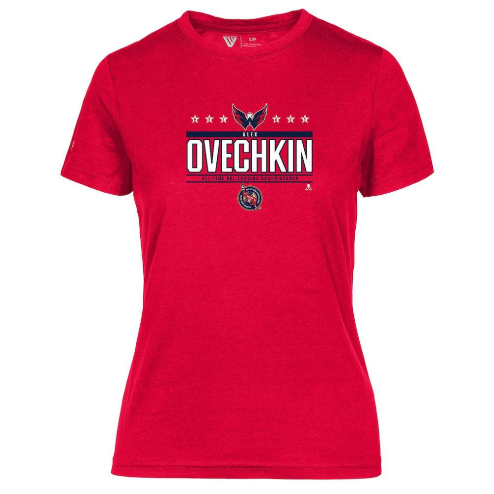 NHL Red Alexander Ovechkin Washington Capitals Levelwear Women's NHL All-Time Leading Goal Scorer Milestone Stars Name & Number Maddox T-Shirt