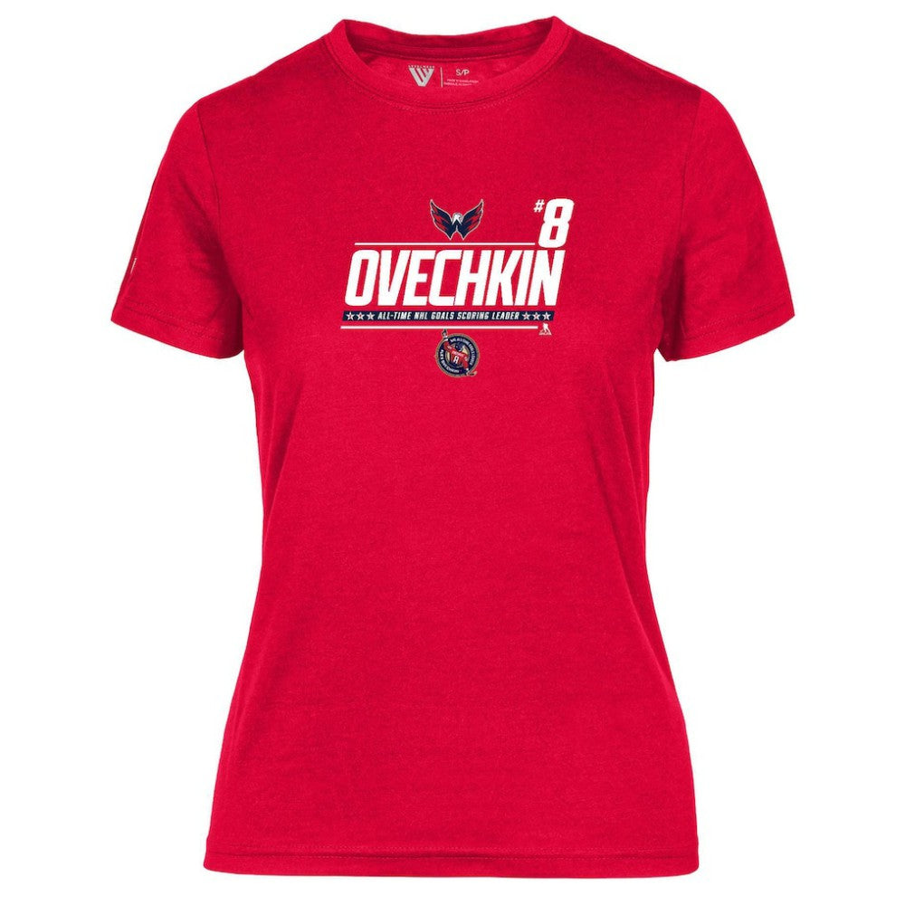 NHL Red Alexander Ovechkin Washington Capitals Levelwear Women's NHL All-Time Leading Goal Scorer Milestone Name & Number Maddox T-Shirt