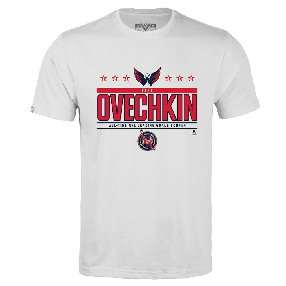 NHL White Alexander Ovechkin Washington Capitals Levelwear NHL All-Time Leading Goal Scorer Milestone Stars Name & Number Richmond T-Shirt