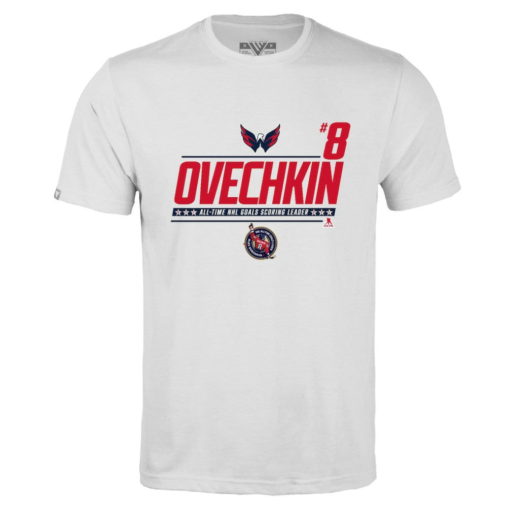 NHL White Alexander Ovechkin Washington Capitals Levelwear NHL All-Time Leading Goal Scorer Milestone Name & Number Richmond T-Shirt