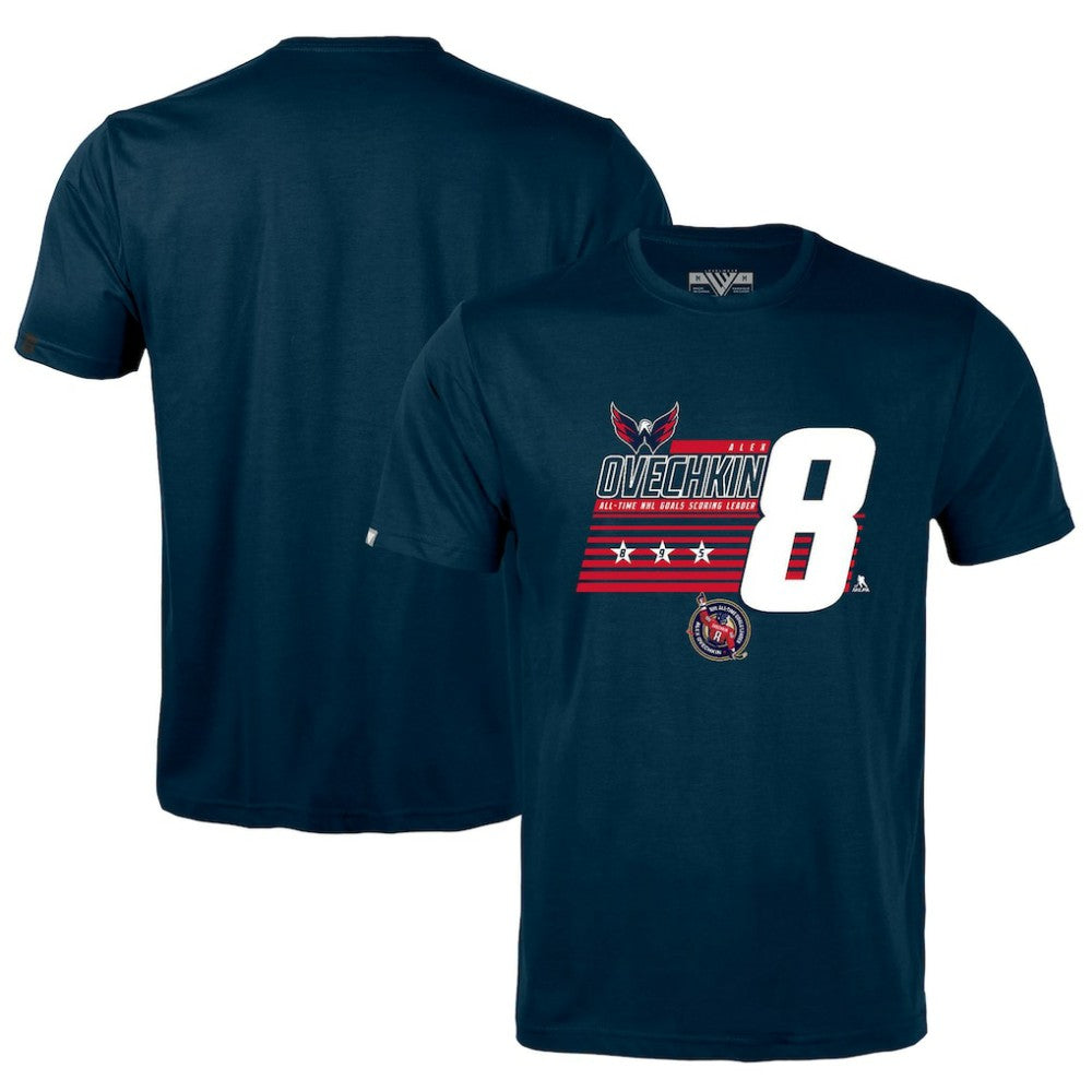 NHL Navy Alexander Ovechkin Washington Capitals Levelwear NHL All-Time Leading Goal Scorer Milestone Stripes Name & Number Richmond T-Shirt