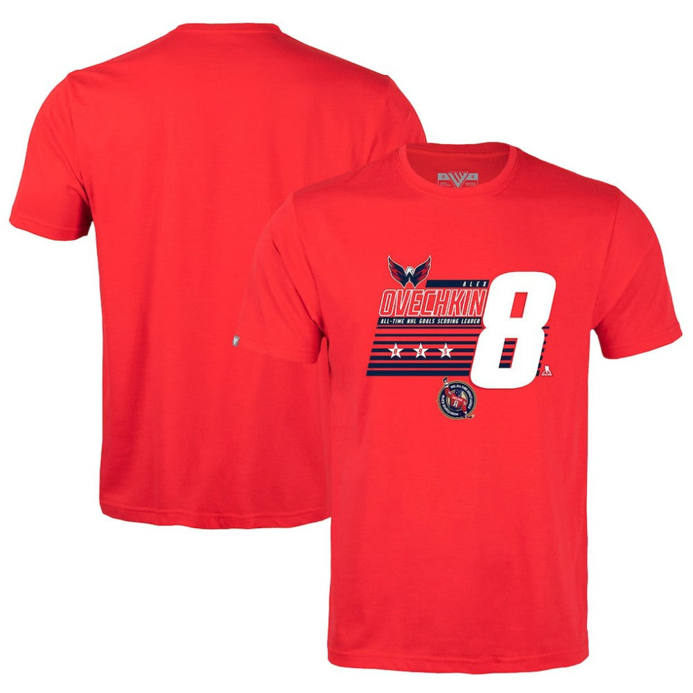 NHL Red Alexander Ovechkin Washington Capitals Levelwear NHL All-Time Leading Goal Scorer Milestone Stripes Name & Number Richmond T-Shirt