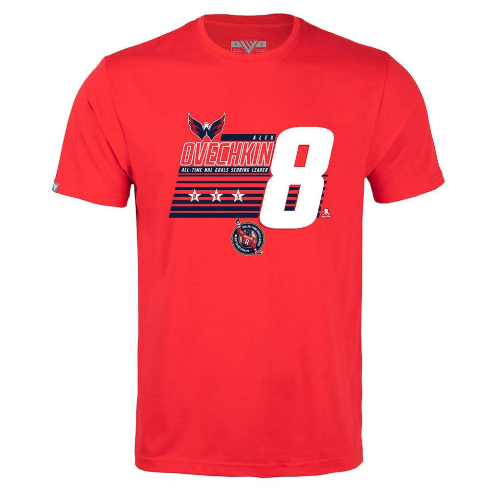NHL Red Alexander Ovechkin Washington Capitals Levelwear NHL All-Time Leading Goal Scorer Milestone Stripes Name & Number Richmond T-Shirt