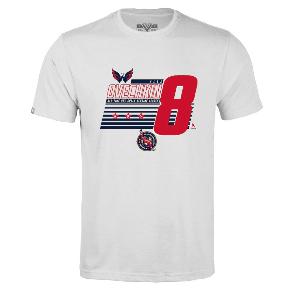 NHL White Alexander Ovechkin Washington Capitals Levelwear NHL All-Time Leading Goal Scorer Milestone Stripes Name & Number Richmond T-Shirt