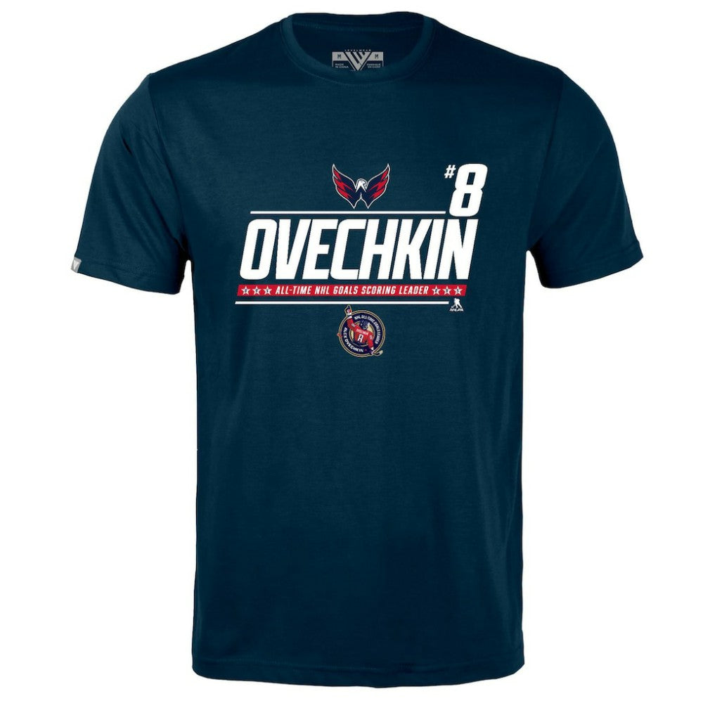 NHL Navy Alexander Ovechkin Washington Capitals Levelwear NHL All-Time Leading Goal Scorer Milestone Name & Number Richmond T-Shirt