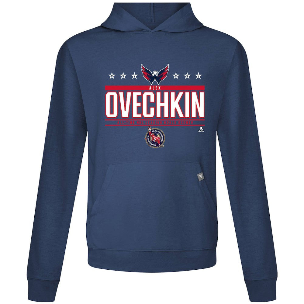 NHL Navy Alexander Ovechkin Washington Capitals Levelwear NHL All-Time Leading Goal Scorer Milestone Stars Name & Number Relay Pullover Hoodie