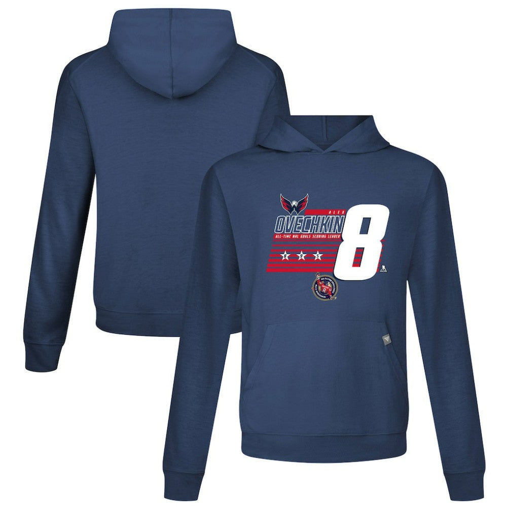 NHL Navy Alexander Ovechkin Washington Capitals Levelwear NHL All-Time Leading Goal Scorer Milestone Stripes Name & Number Relay Pullover Hoodie
