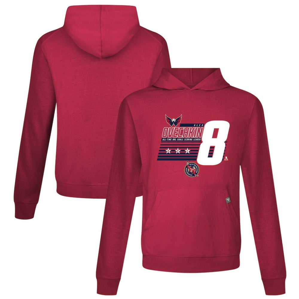 NHL Red Alexander Ovechkin Washington Capitals Levelwear NHL All-Time Leading Goal Scorer Milestone Stripes Name & Number Relay Pullover Hoodie