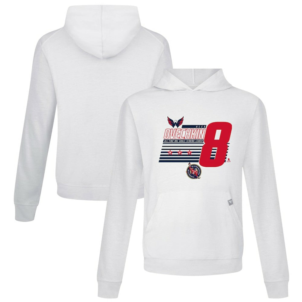 NHL White Alexander Ovechkin Washington Capitals Levelwear NHL All-Time Leading Goal Scorer Milestone Stripes Name & Number Relay Pullover Hoodie