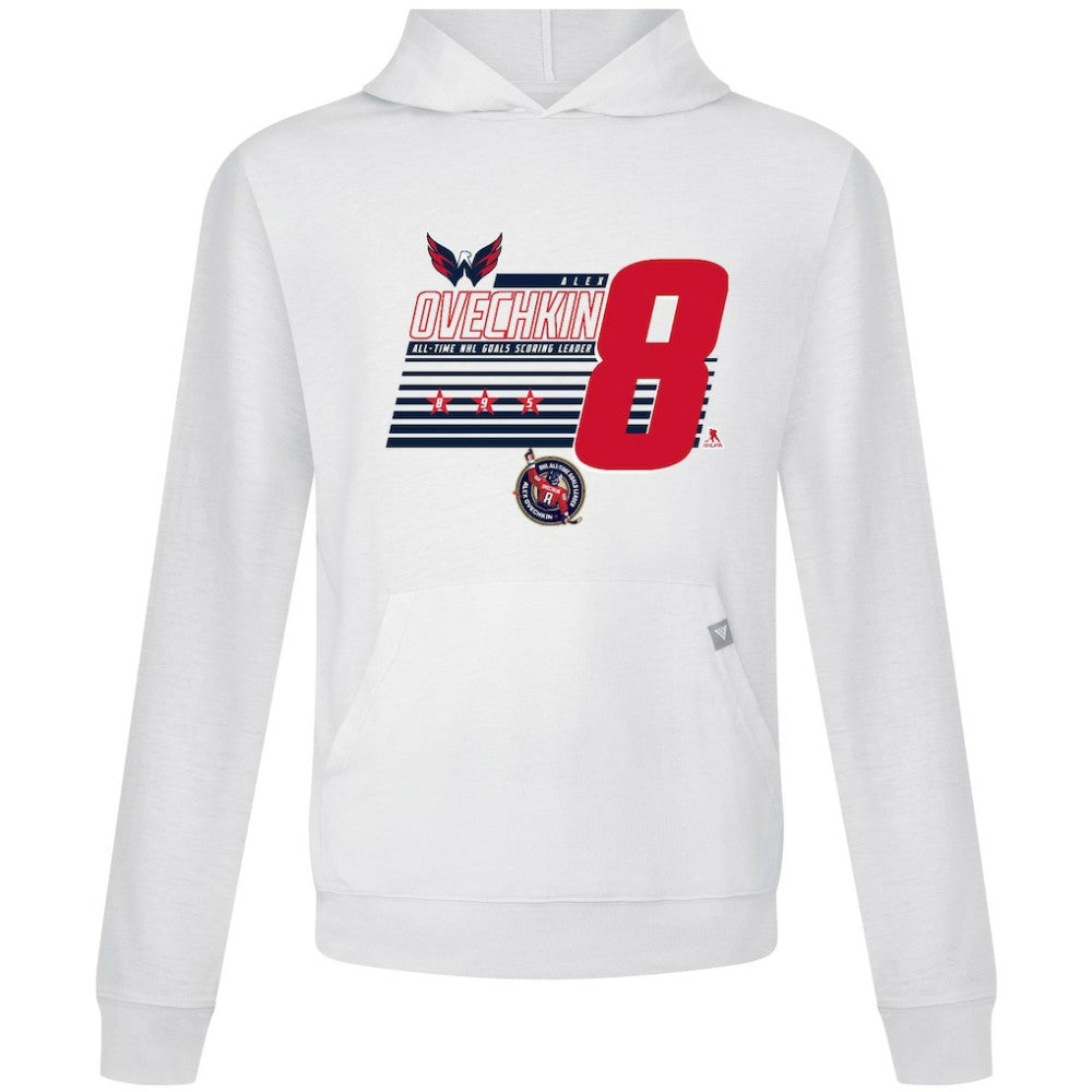 NHL White Alexander Ovechkin Washington Capitals Levelwear NHL All-Time Leading Goal Scorer Milestone Stripes Name & Number Relay Pullover Hoodie