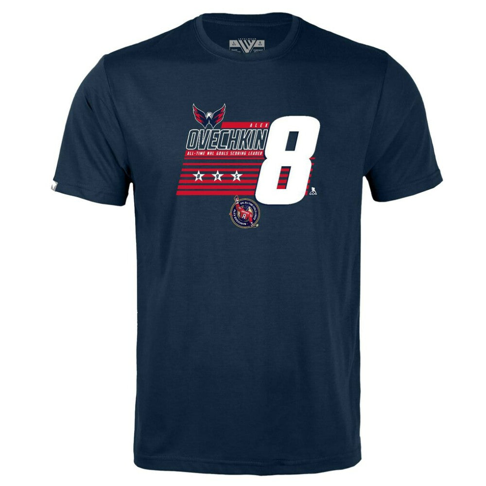 NHL Navy Alexander Ovechkin Washington Capitals Levelwear Youth NHL All-Time Leading Goal Scorer Milestone Stripes Name & Number Little Richmond T-Shirt
